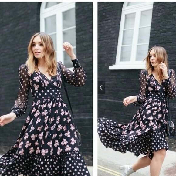 kate spade Dresses & Skirts - Kate Spade Silk Floral Polka Dot Midi Dress Black Size 10
